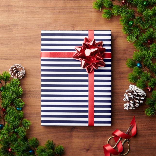 Classic Navy Blue and White Stripe Pattern Wrapping Paper (Holiday Gift)