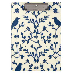 Classic Navy Blue Bird Damask Toile Silhouette Clipboard