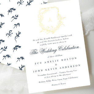 classic navy blue botanical gold monogram crest