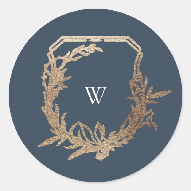 classic navy blue botanical motif monogram crest classic round sticker (Front)