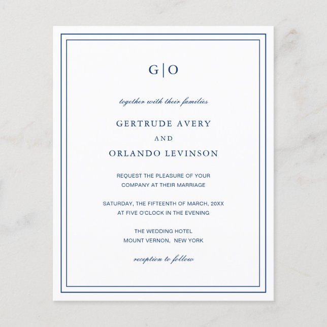 Classic Navy Blue Budget Wedding Invitation (Front)