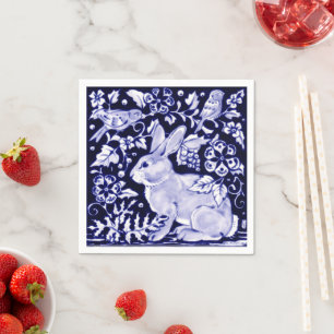 Classic Navy Blue Bunny Rabbit Birds Dedham Delft Napkin