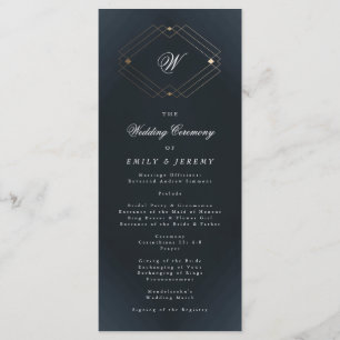 Classic Navy Blue Calligraphy Monogram Wedding Program