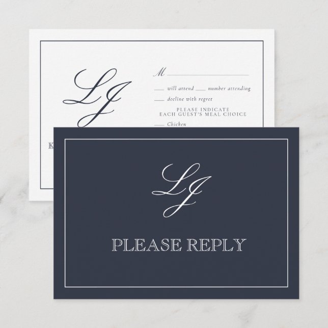 Classic Navy Blue Calligraphy Monogram Wedding RSV RSVP Card (Front/Back)