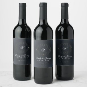 Classic Navy Blue Calligraphy Monogram Wedding Wine Label