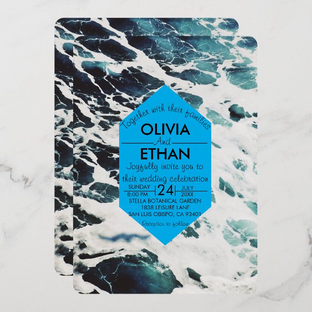 Classic navy blue coastal Wedding Foil Invitation (Front/Back)