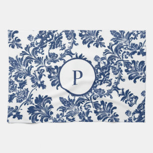 Classic Navy Blue Damask Pattern Kitchen Towel