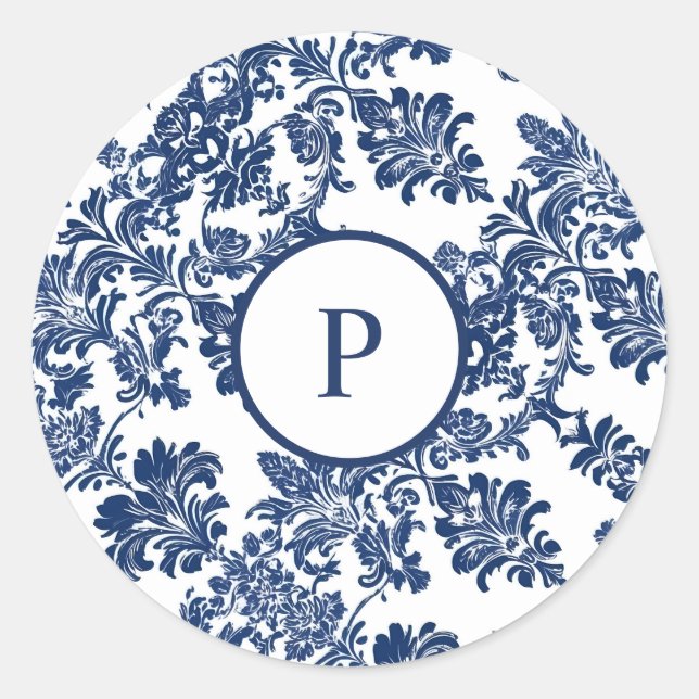 Classic Navy Blue Damask Pattern Round Sticker (Front)