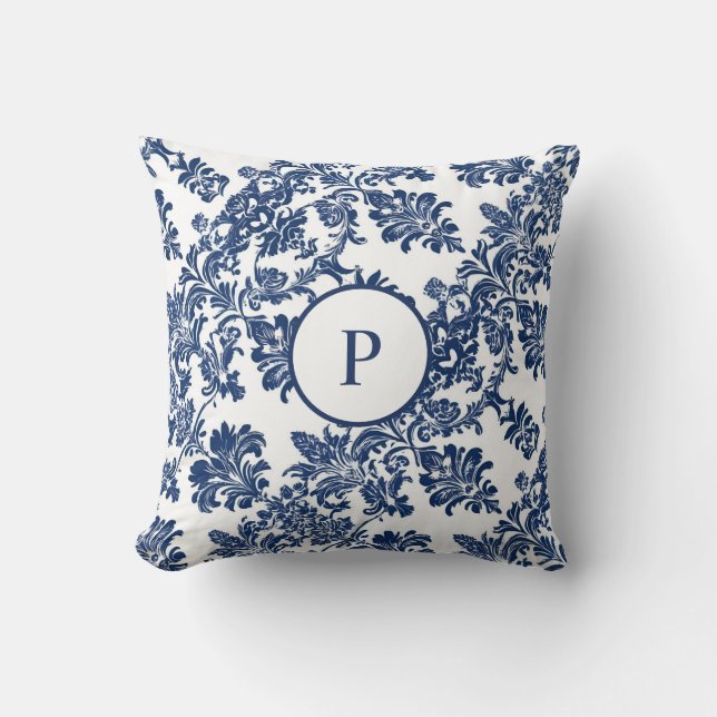 Classic Navy Blue Damask Pattern Throw Pillow (Front)