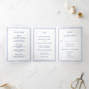 Classic Navy Blue Elegant Wedding Tri-Fold Invitation