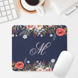 Classic Navy Blue Floral Custom Initial Mouse Pad