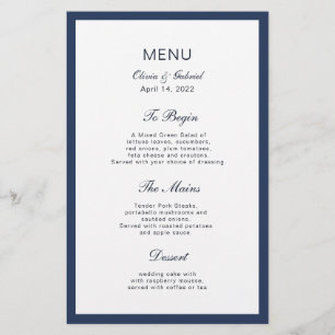 Classic Navy blue Frame. Elegant wedding menu