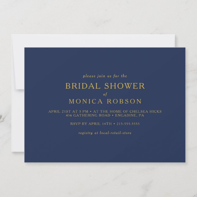 Classic Navy Blue | Gold Horizontal Bridal Shower Invitation (Front)