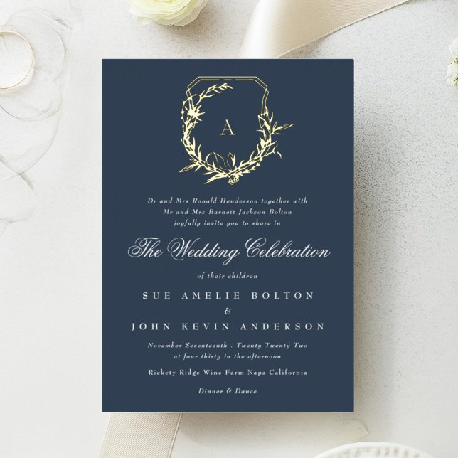 classic navy blue gold monogram crest wedding (Creator Uploaded)