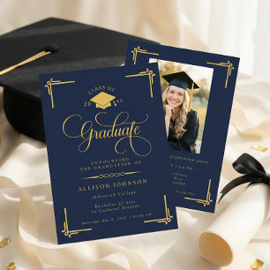 Classic Navy Blue Gold Photo Graduation Invitation