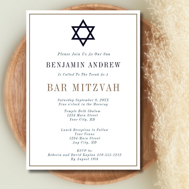 Classic Navy Blue Gold Star Bar Bat Mitzvah  Invitation (Navy Blue Gold Jewish Star of David Bar Bat Mitzvah Invitation for son or daughter)