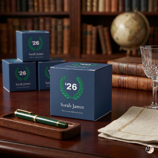 Classic Navy Blue & Green Laurel Wreath Graduation Favor Box