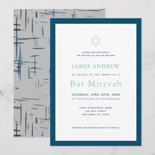 Classic Navy Blue & Grey Bar Mitzvah Invitation (Front/Back)