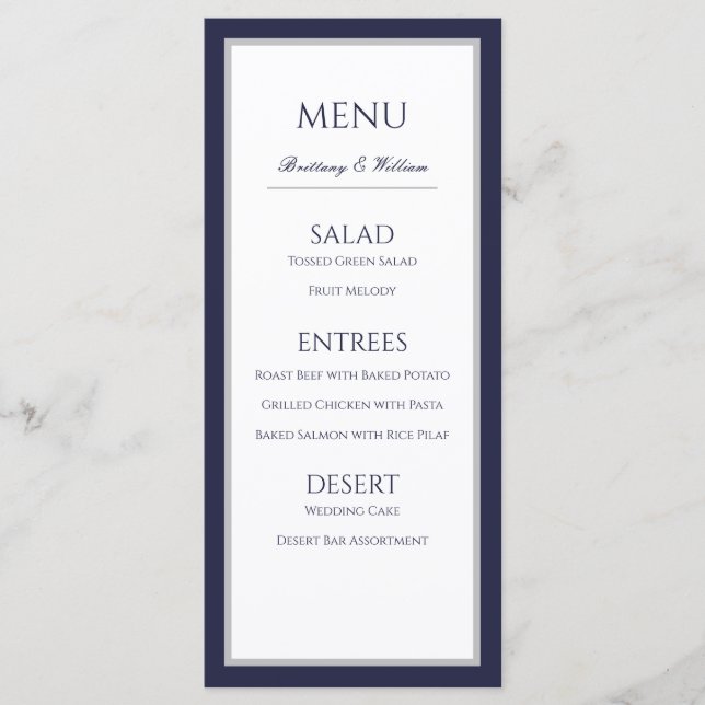 Classic Navy Blue Grey Border Wedding Menu (Front)
