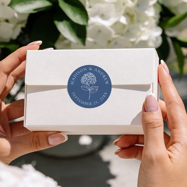 Classic Navy Blue Hydrangea Wedding Round Sticker (Creator Uploaded)