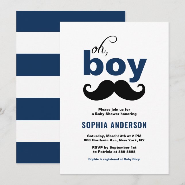 Classic Navy Blue It's a Boy Moustache Baby Shower Invitation (Front/Back)