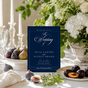 Classic Navy Blue Ivory Calligraphy Photo Wedding Invitation