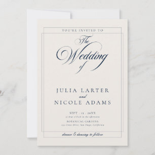 Classic Navy Blue Ivory Calligraphy QR Wedding Invitation
