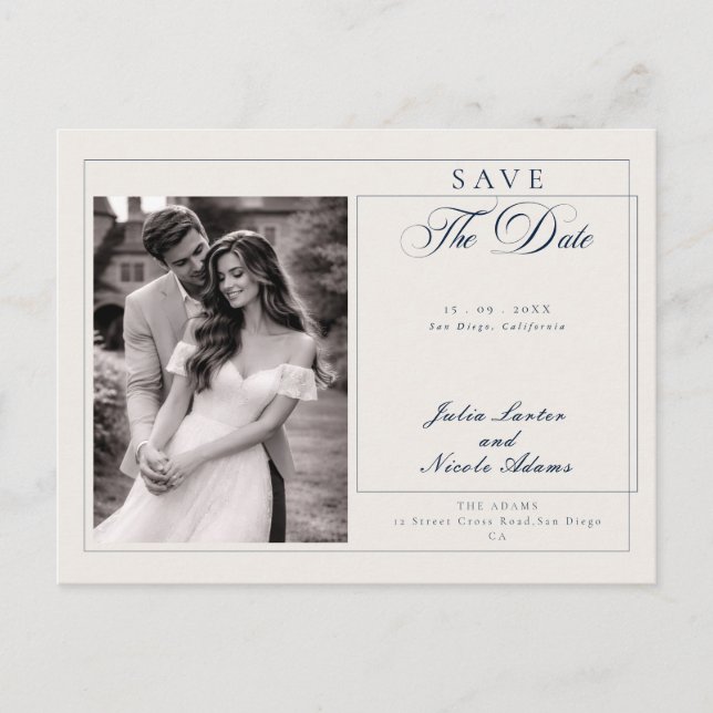Classic Navy Blue Ivory Calligraphy Save The Date Postcard (Front)