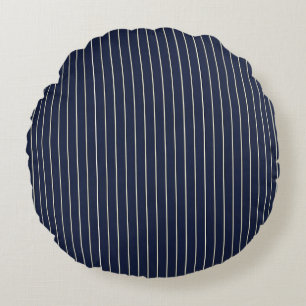 Classic Navy Blue Ivory Pinstripes Round Pillow
