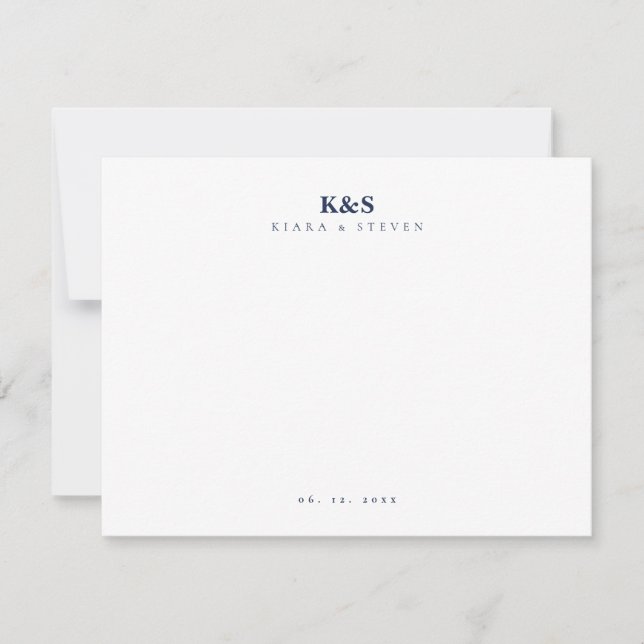 Classic Navy Blue Monogram Couple Stationery Card (Front)