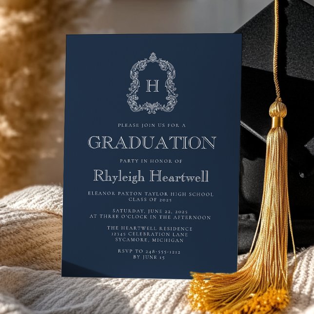 Classic Navy Blue Monogram Crest Graduation Party Invitation (Creator Uploaded)
