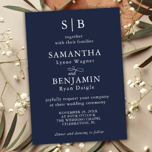 Classic Navy Blue Monogram Initials Wedding Invitation