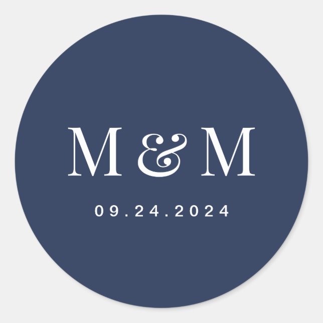 Classic Navy Blue Monogram Typography Wedding Round Sticker (Front)