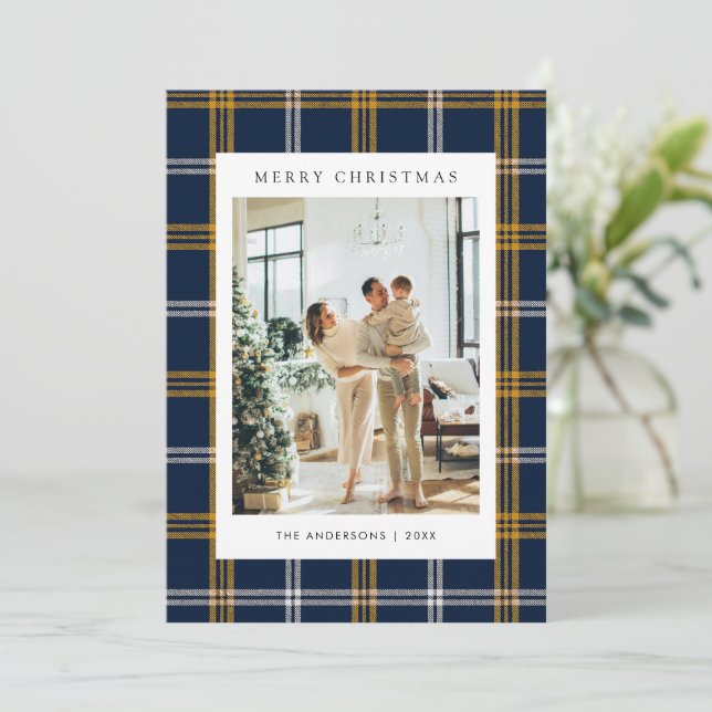 Classic Navy Blue Plaid 5 Photo Christmas Holiday Card (Standing Front)