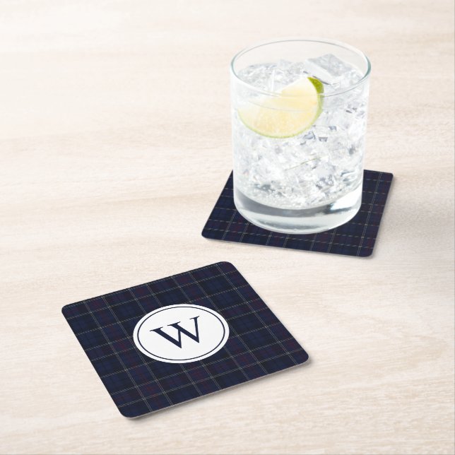 Classic Navy Blue Plaid Christmas Monogram Square Paper Coaster (Insitu)