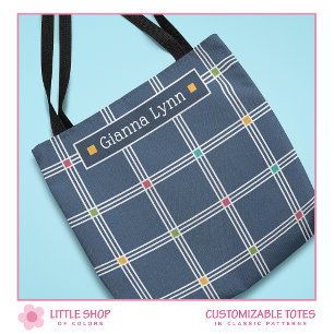 Classic Navy Blue Plaid Monogram Tote Bag