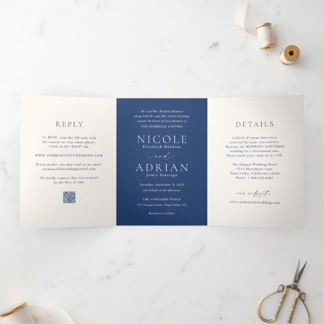 Classic Navy Blue QR Code Elegant Wedding Tri-Fold Invitation (Inside)