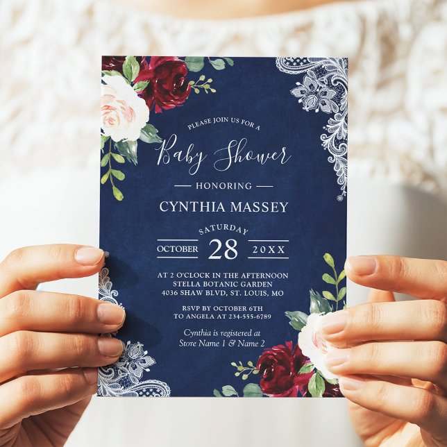 Classic Navy Blue Red Blush Floral Baby Shower Invitation (Creator Uploaded)