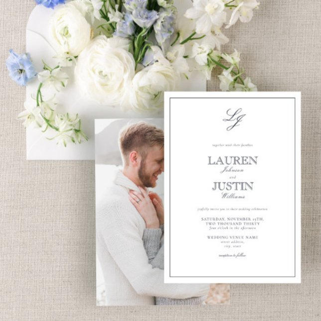 Classic Navy Blue Script Monogram Photo Wedding Invitation (Creator Uploaded)