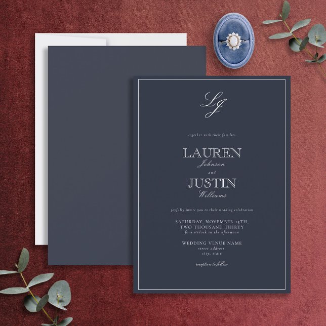 Classic Navy Blue Script Monogram Wedding Invitation (Creator Uploaded)