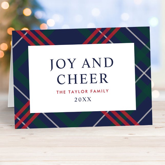 Classic Navy Blue Tartan Plaid Joy and Cheer Holiday Card (Creator Uploaded)