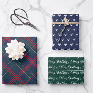 Classic Navy Blue Tartan Plaid Merry Christmas Wrapping Paper Sheet