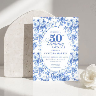 Classic Navy Blue Toile Roses 50th Birthday Invite