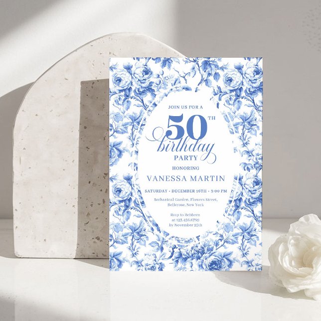 Classic Navy Blue Toile Roses 50th Birthday Invite (Classic Navy Blue Toile Rose 50th Birthday Invitation)