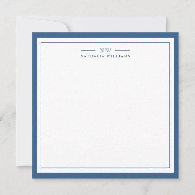 Classic Navy Blue Two Border Monogram Lined Card (Front)