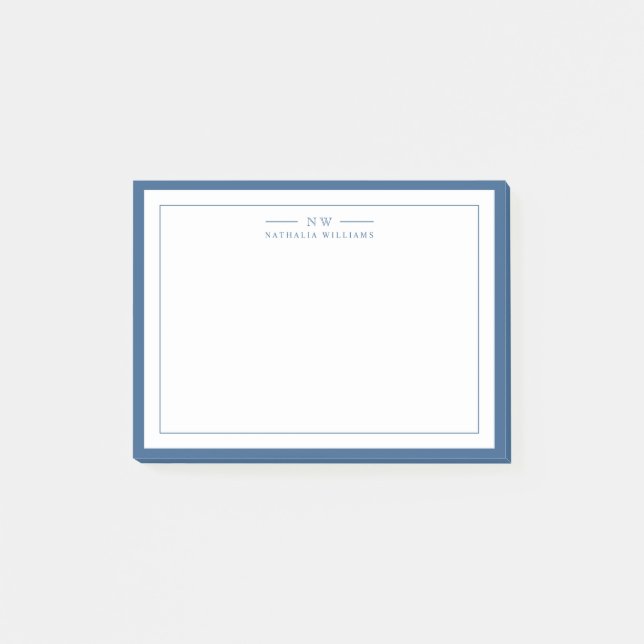 Classic Navy Blue Two Border Monogram Lined Post-it Notes (Front)