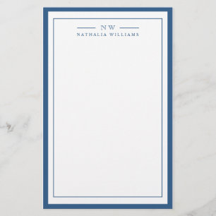 Classic Navy Blue Two Border Monogram Lined Stationery