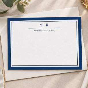 Classic Navy Blue Two Border Monogram Personalized Card