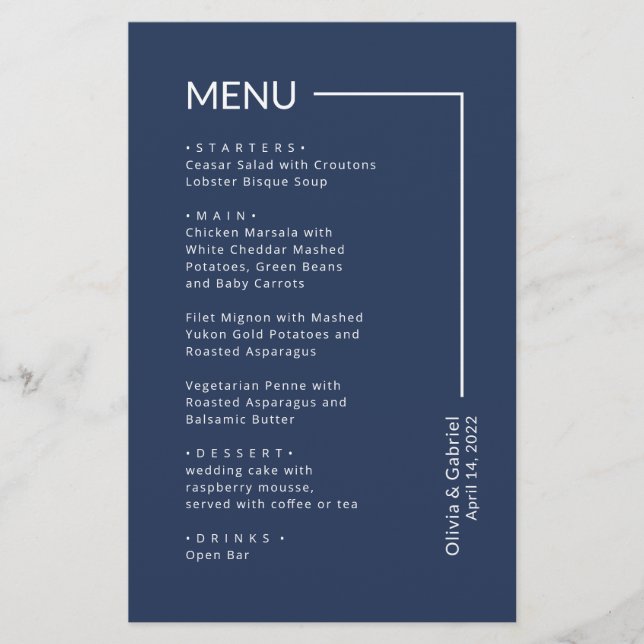  Classic Navy blue Typography minimal wedding menu (Front)