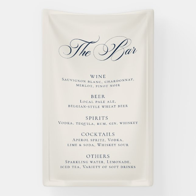 Classic Navy Blue Wedding Bar Menu Reception Décor Banner (Vertical)